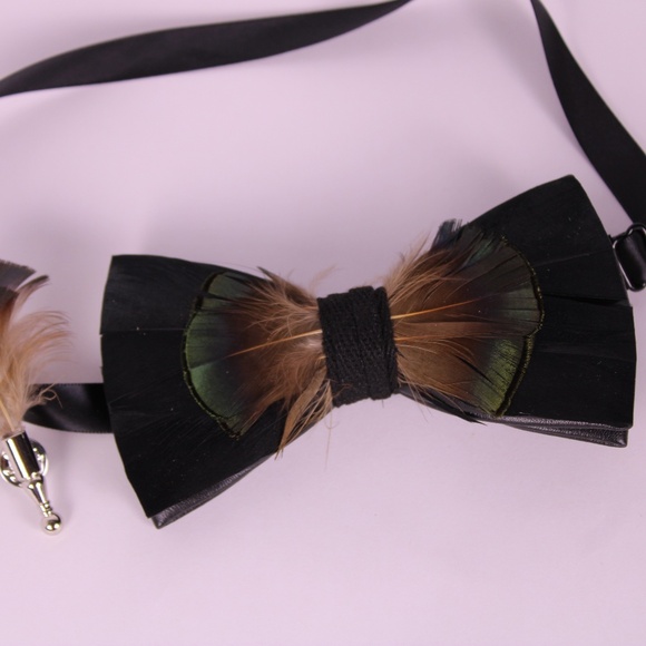 🖤 Luxury Feather Bow Tie + Lapel Pin Set (Black, Iridescent Brown) – With Box - Picture 2 of 9